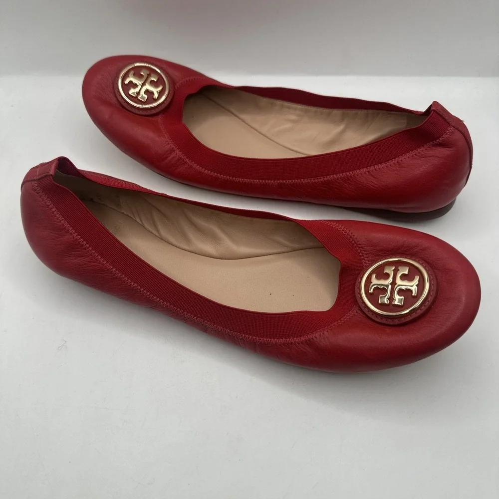 Tory Burch Reva Red Ballet  Flats Gold Logo Size 11
